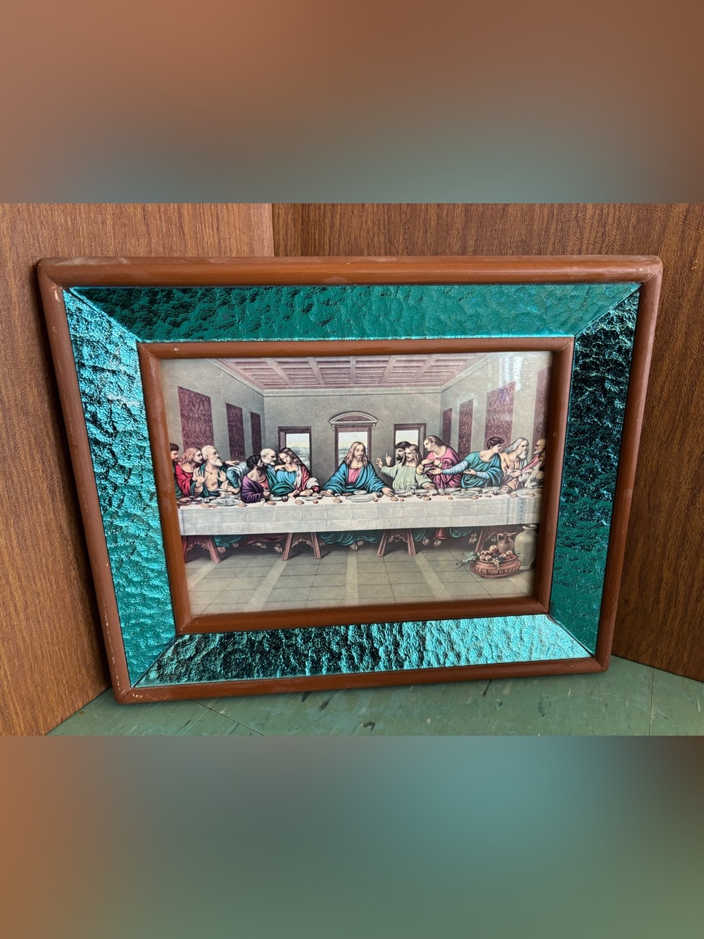 Vintage last supper picture in teal turquoise glass frame wall decor